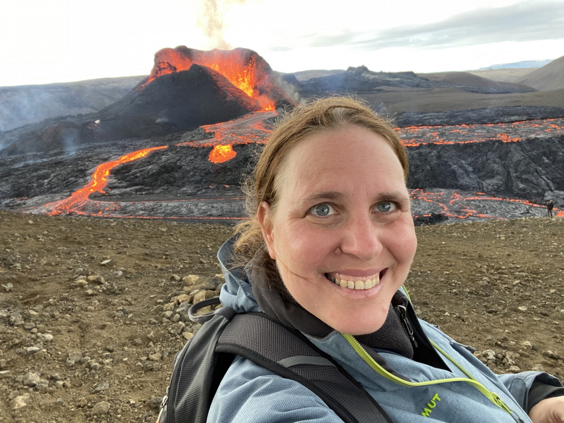 A selfie with the new volcanic vent at Fagradalsfjall volcano Iceland May 2021. Credit: Einat Lev