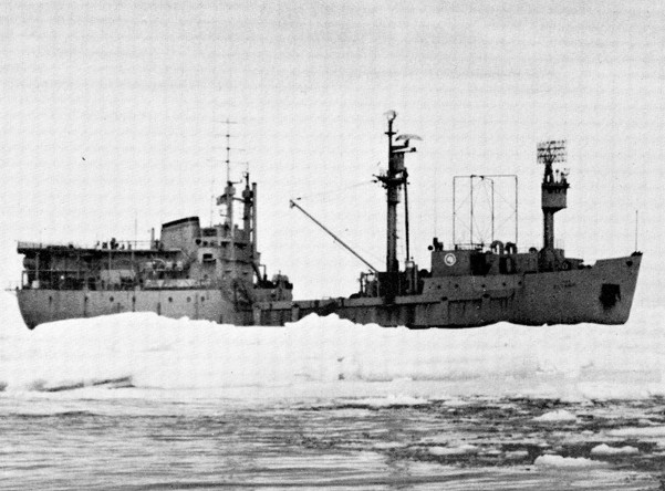 With a bridge low in the after part of the ship, the R/V Eltanin's enclosed ice tower was often used for spotting icebergs. Credit: National Science Foundation