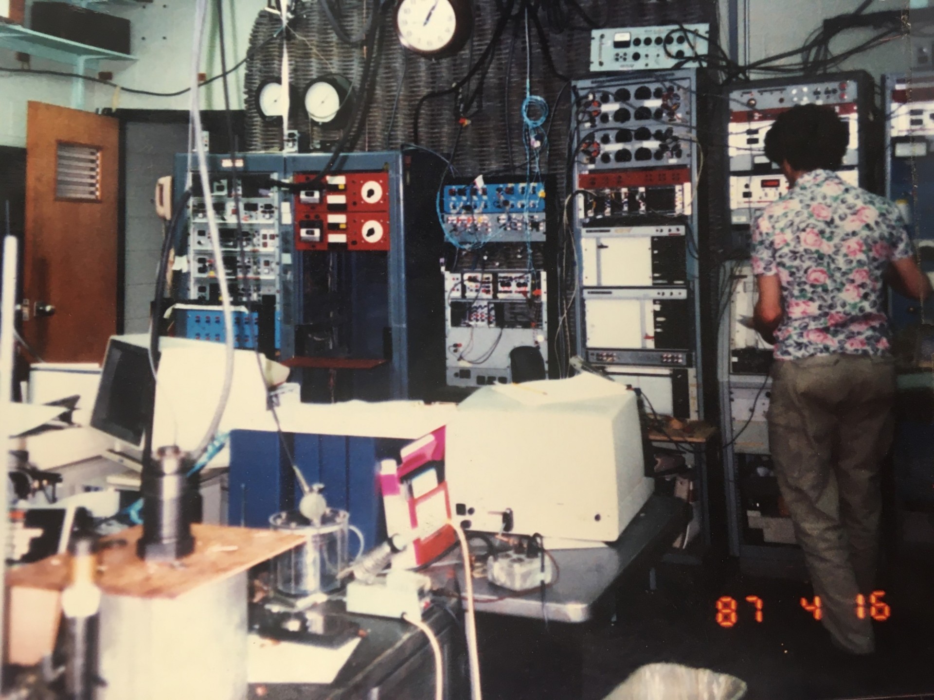 Chris Marone works the controls (are those chart recorders?) on one of the triaxial apparatuses (1987).