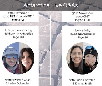 Photos of 4 scientists with text Antarctica Live Q&As