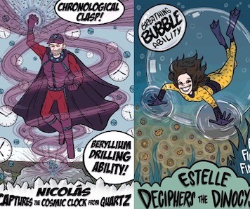 Cartoon-like illustrations of scientists as superheroes
