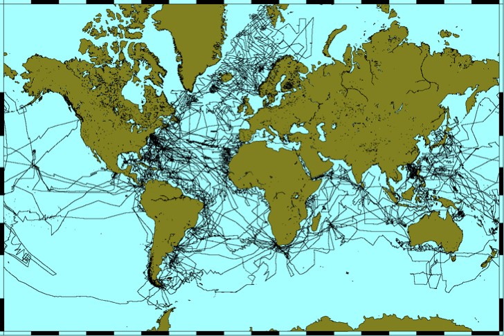 R/V Vema science tracks, totaling an estimated 1,225,000 nautical miles. Credit: John Diebold & GMT mapping software