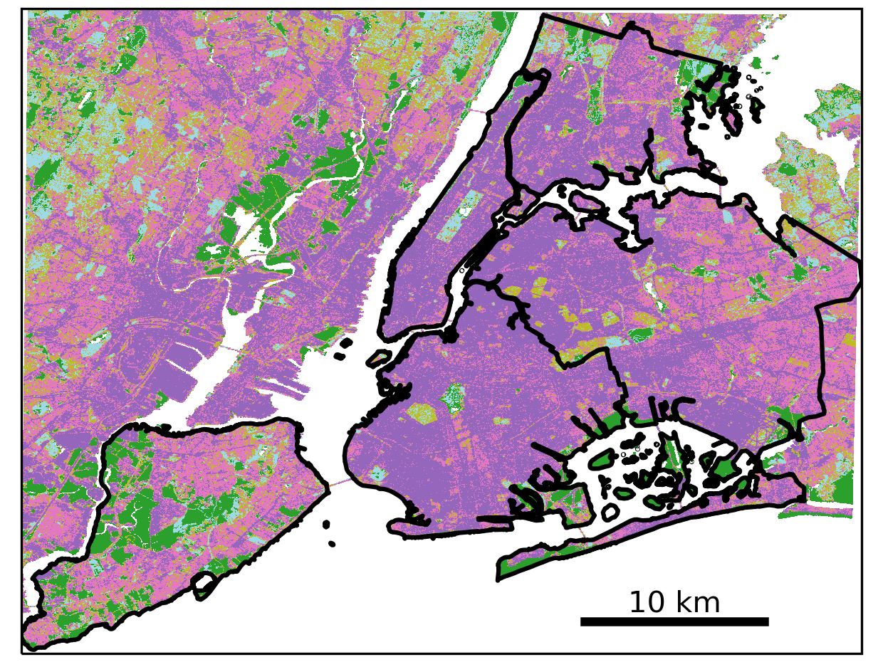 Researchers studied carbon uptake by vegetation in New York City and parts of the surrounding area. Greens show areas of contiguous forest, marsh or grassland. The rest is developed, with purple areas at highest intensity, but a surprising amount of vegetation is found there, too, along sidewalks, in backyards and other small features. (Wei et al., Environmental Research Letters 2022)
