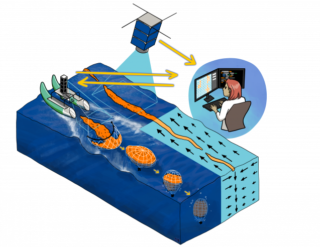 A graphic illustration of Ajit Subramaniam's blue carbon project using advanced remote sensing, modeling, and marine robotics to remove carbon dioxide from the atmosphere.