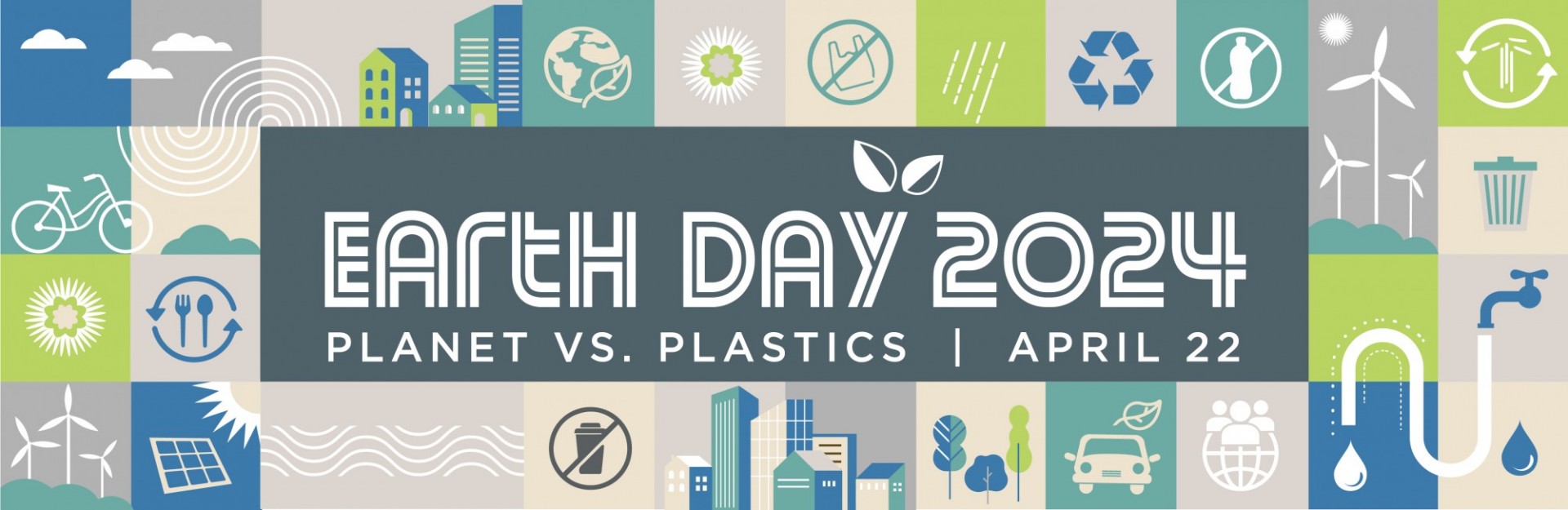 Grid of icons representing sustainable practices with the text Earth Day 2024 - Planet vs. Plastics