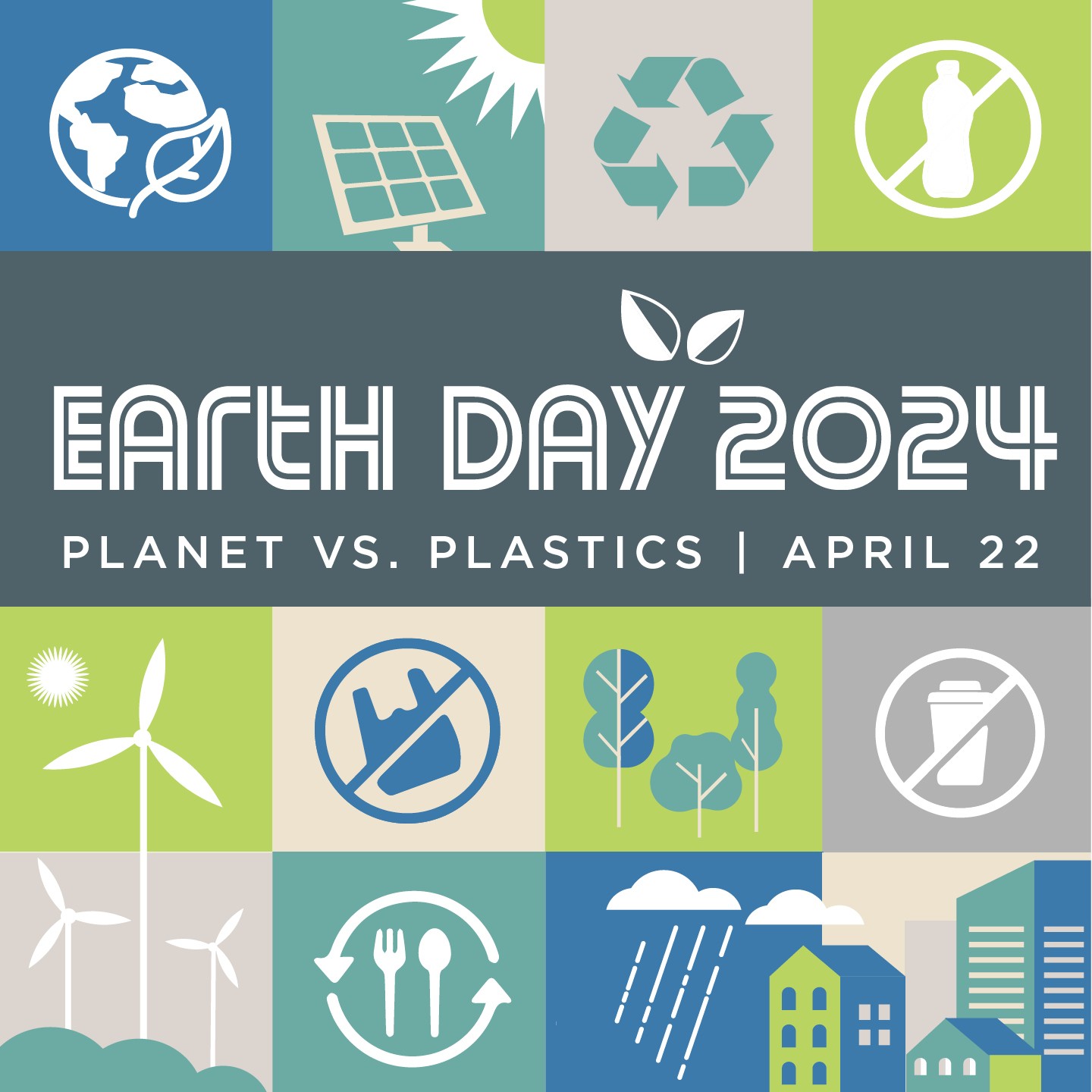 Grid of icons representing sustainable practices with the text Earth Day 2024 - Planet vs. Plastics