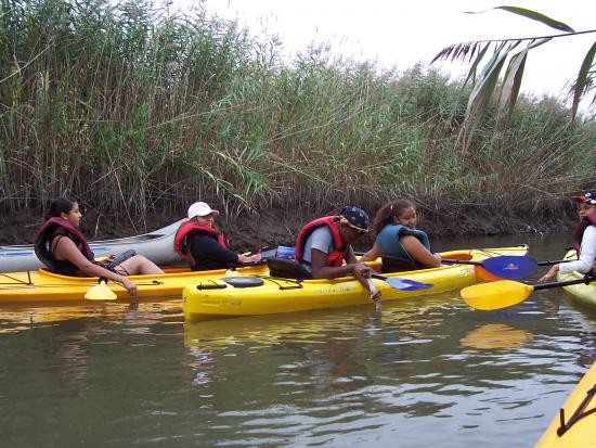 Collecting water samples from kayaks.