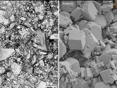A comparison between the experiment’s original material (left), which was mostly olivine, and the products after reaction with CO2 — mainly of rhombic magnesite crystals and small blobs of silica. Source: Presentation by Catalina Sanchez-Roa