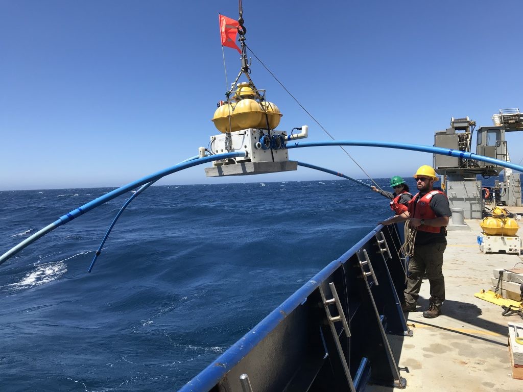 An electromagnetic sensor on its way to the ocean floor to collect data. Credit: Samer Naif / Electromagnetic Geophysics Lab