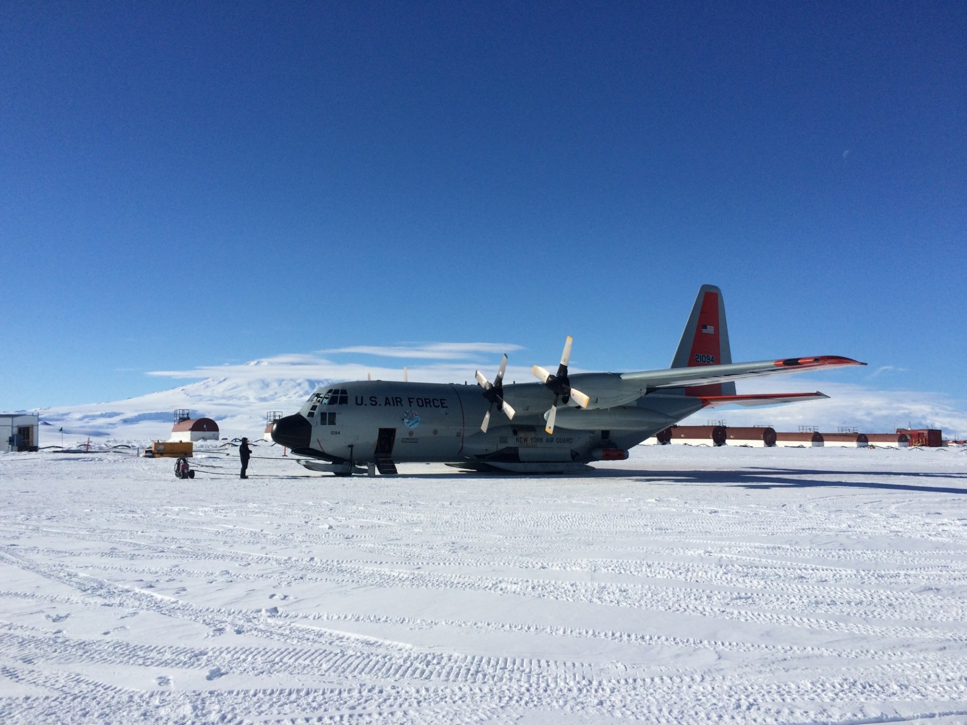 IcePod attached to LC-130 aircraft at Williams Field in Antarctica. Credit: Caitlin Locke