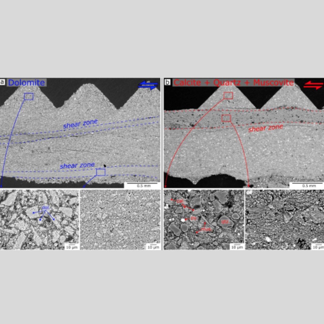 Backscattered-electron images of sheared gouges produced by the Rock & Ice Mechanics Lab. Credit: Jacob Tielke, LDEO