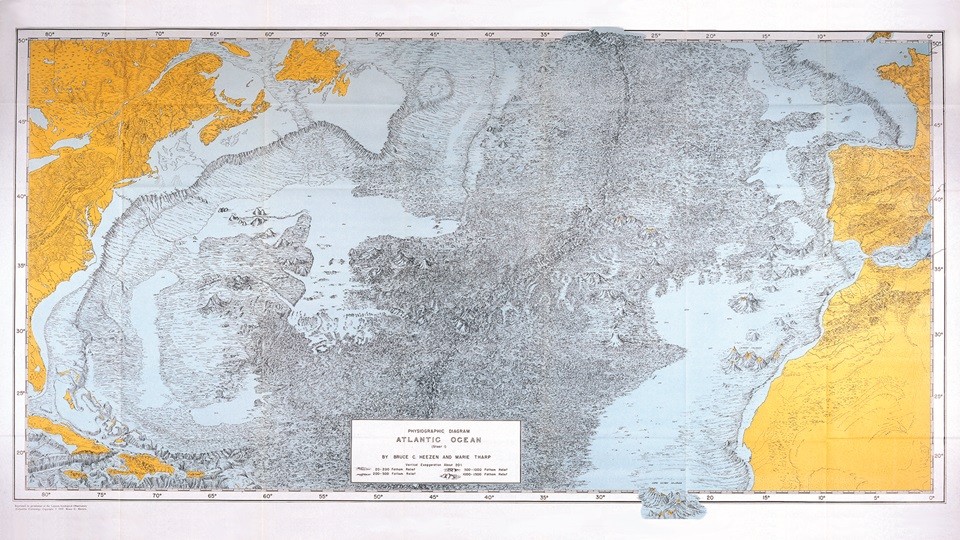 Before Marie Tharp and Bruce Heezen's 1957 map of the Atlantic seafloor, scientists assumed the bottom of the ocean was mostly flat and featureless. Reproduced with permission from Marie Tharp Maps LLC and Lamont-Doherty Earth Observatory. Marie Tharp and Bruce Heezen's 1957 map of the Atlantic seafloor. Reproduced with permission from Marie Tharp Maps LLC and Lamont-Doherty Earth Observatory.