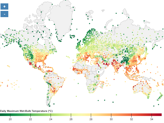 Study shows that extreme mixtures of heat and humidity are emerging across the globe. Map shows documented instances, with hotter colors from yellow to red signifying the worst combinations as measured on the Centigrade “wet bulb” scale. (Map by Jeremy Hinsdale; adapted from Raymond et al., Science Advances, 2020)