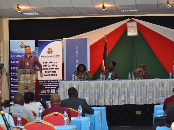Daniel Westervelt speaking at the East Africa Air Quality Management Training Workshop at Kenyatta University in Nairobi. (Courtesy Daniel Westervelt)