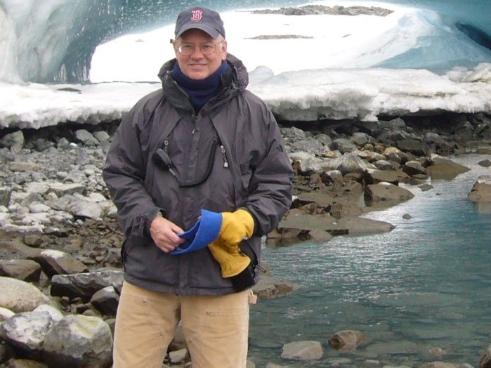 Ducklow at a glacial ice cave near Palmer Station, Antarctica, 2006. The glacier collapsed and wasted away a year or two later. (Courtesy Hugh Ducklow)