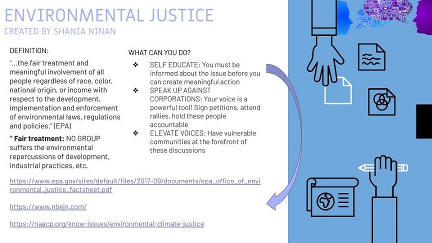 Infographic on key steps to attaining ‘Environmental Justice’ created by Shania. 