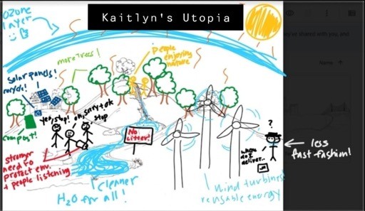 Kaitlyn Canivel’s idea of a utopian society in which renewable energy is used instead of any carbon emissions providing an insight as to steps that can be taken to live more eco-friendly. 