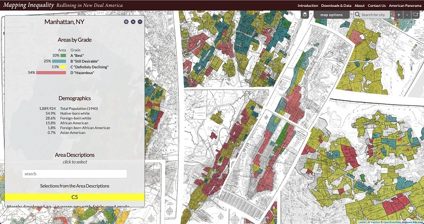 An example of a Redlining map showing how communities were separated by a color scheme by income and community ethnic make up for use in investment and service allocation. (Image from Robert K. Nelson, LaDale Winling, Richard Marciano, Nathan Connolly, et al., “Mapping inequality,” American Panorama, ed. Robert K. Nelson and Edward L. Ayers, accessed August 28, 2021). 