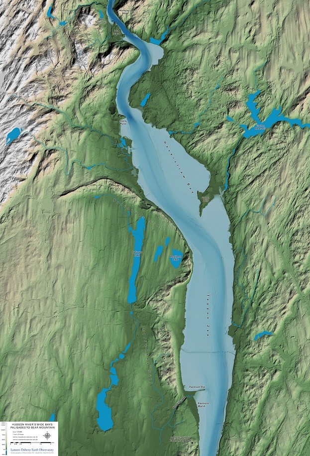The Wide Bays Topographic/Bathymetric Map is a tactile learning tool that explores the widest section of the Hudson River. The map was created using bathymetric data collected from Lamont scientists and collaborators in the Hudson River Mapping Project.