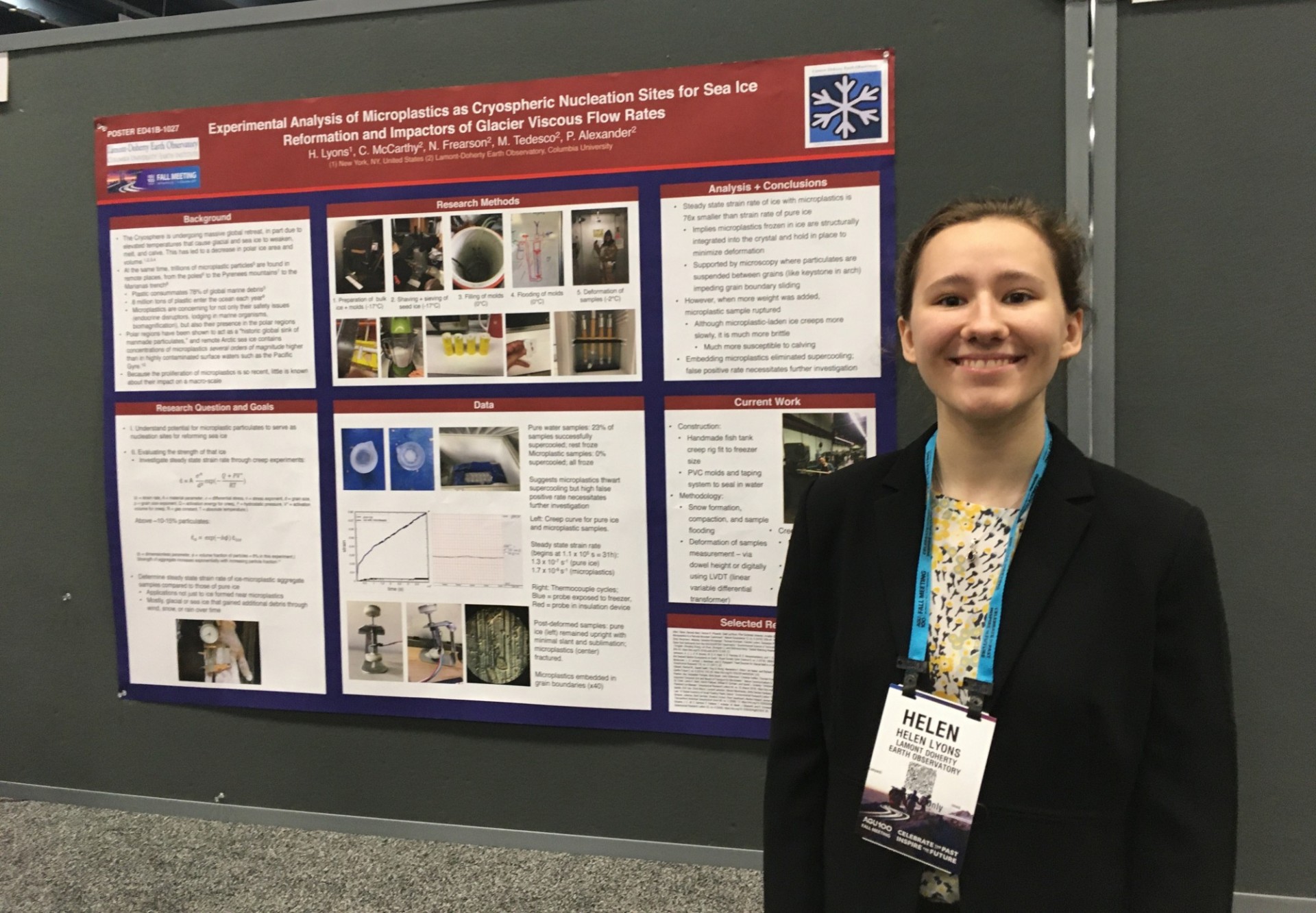 High school intern Helen Lyons shows off her awesome experiments on ice + microplastics at AGU (2019).