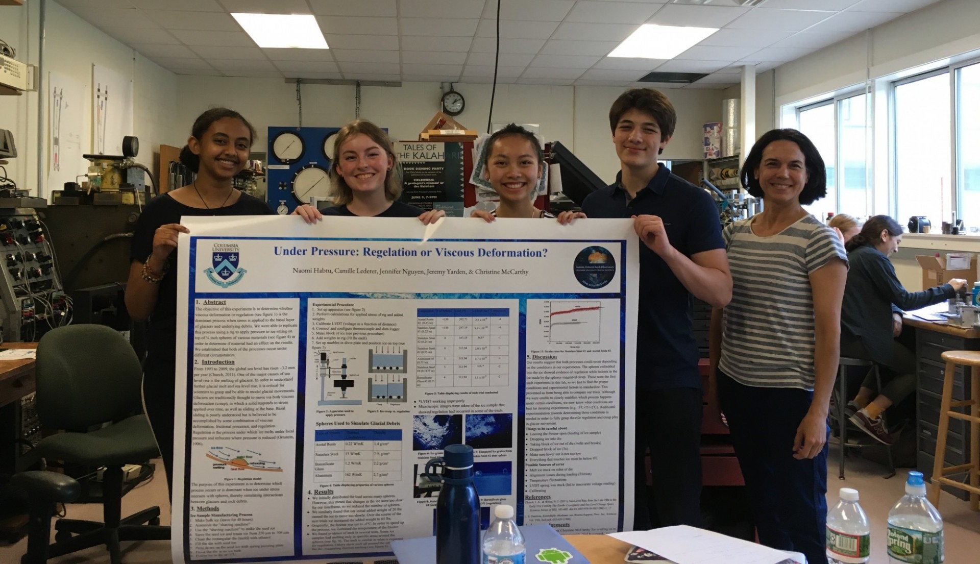 High school summer interns study regelation vs. viscous deformation to understand glacier flow (2019).