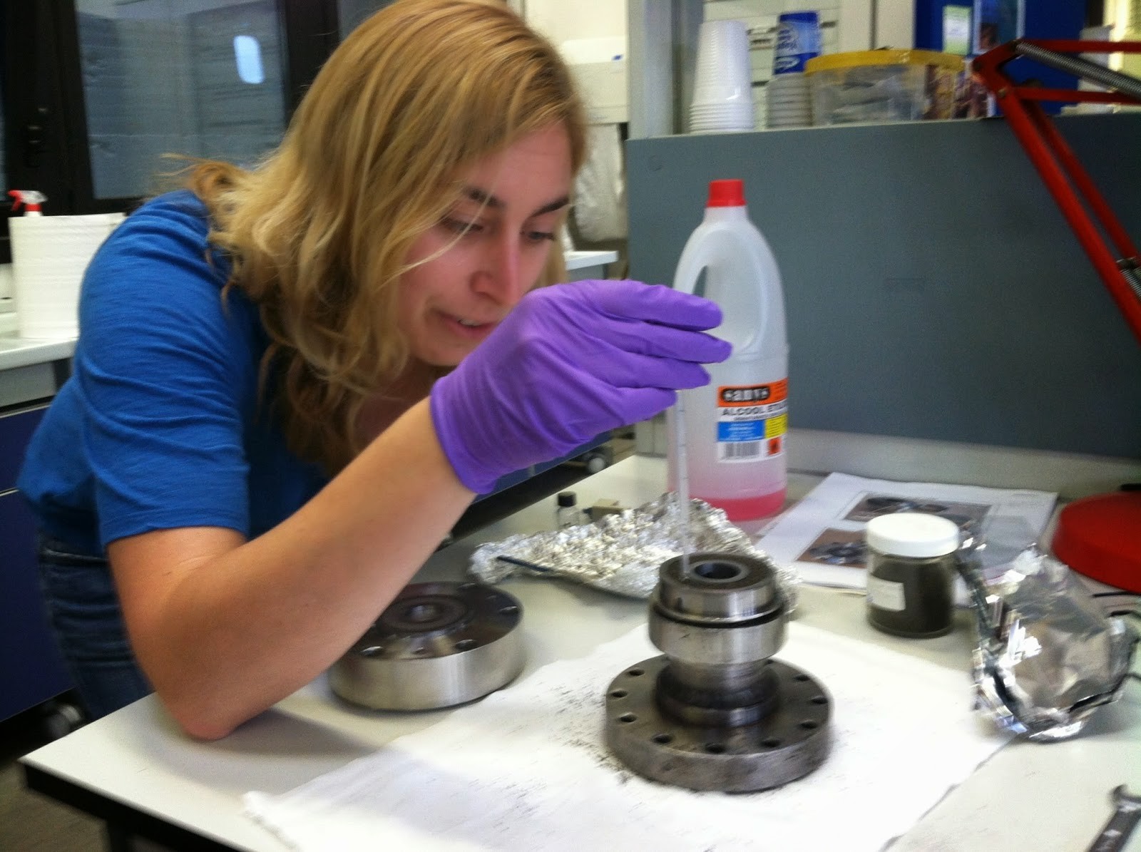 Heather Savage preparing a rotary friction experiment at INGV in Italy.