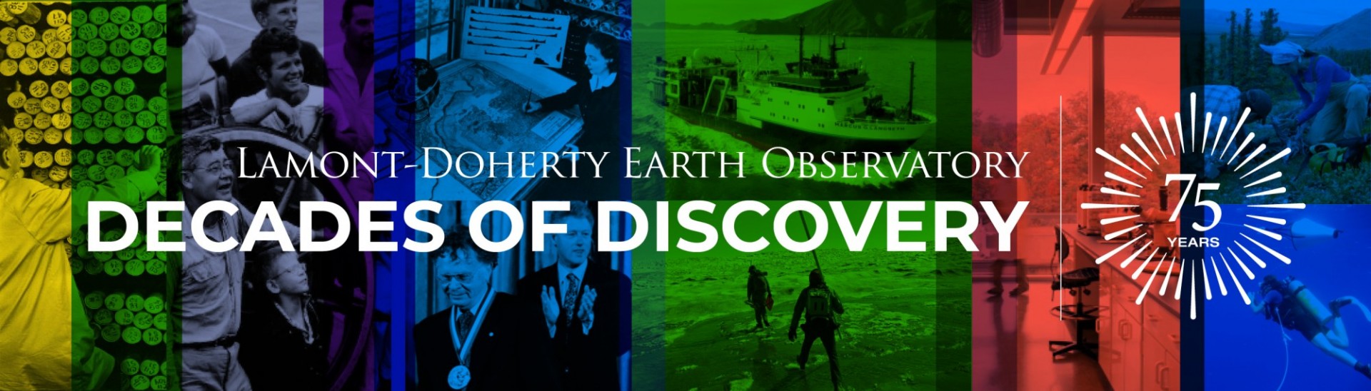 Montage of images reflecting Lamont-Doherty Earth Observatory history and research with text Decades of Discovery