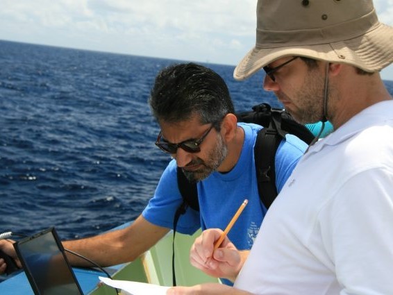 Lamont oceanographers Ajit Subramaniam and Andy Juhl studying the Deepwater Horizon spill in August 2010. Credit: Joe Montoya