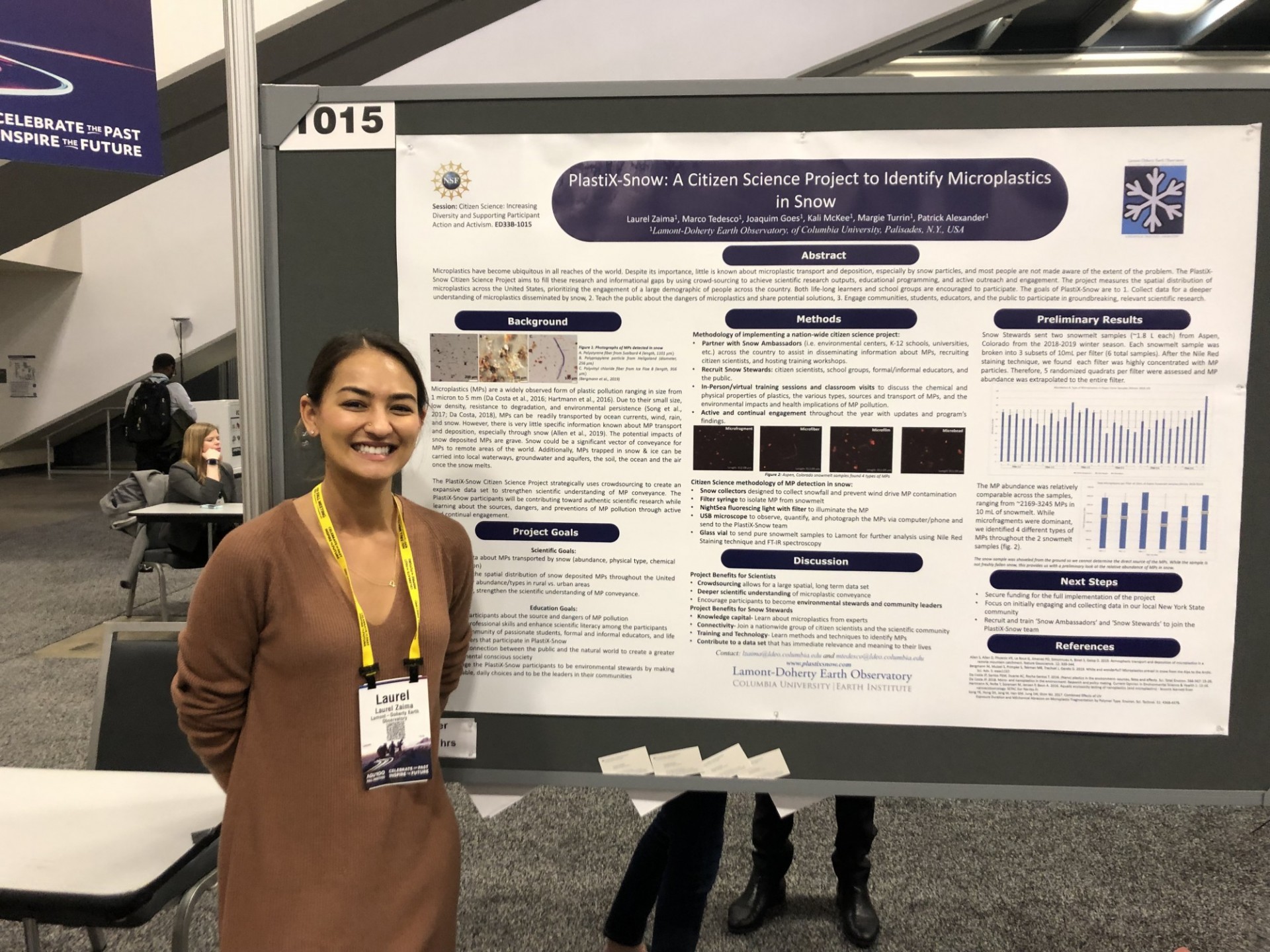 Laural Zaima presented the PlastiX-Snow project in a poster at the fall meeting of the American Geophysical Union in December 2019. Credit: Marie DeNoia Aronsohn