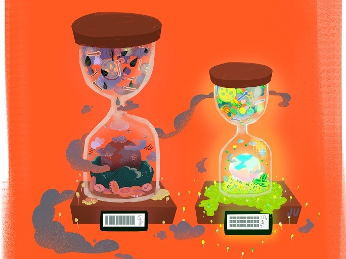 Illustration of two hourglasses side-by-side, the larger one representing emissions from fossil fuels and the smaller, clean energy, with a smiling scientist pointing a businessman to the clean energy hourglass. Credit: Julie Morvant-Mortreuil 