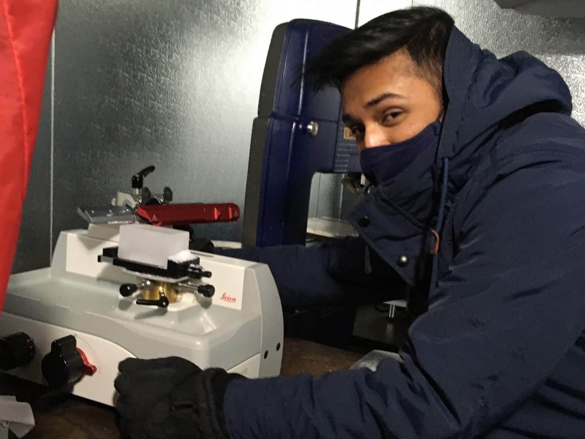 Grad student Maheenuz Zaman microtomes a sample in our new cold room (2021).