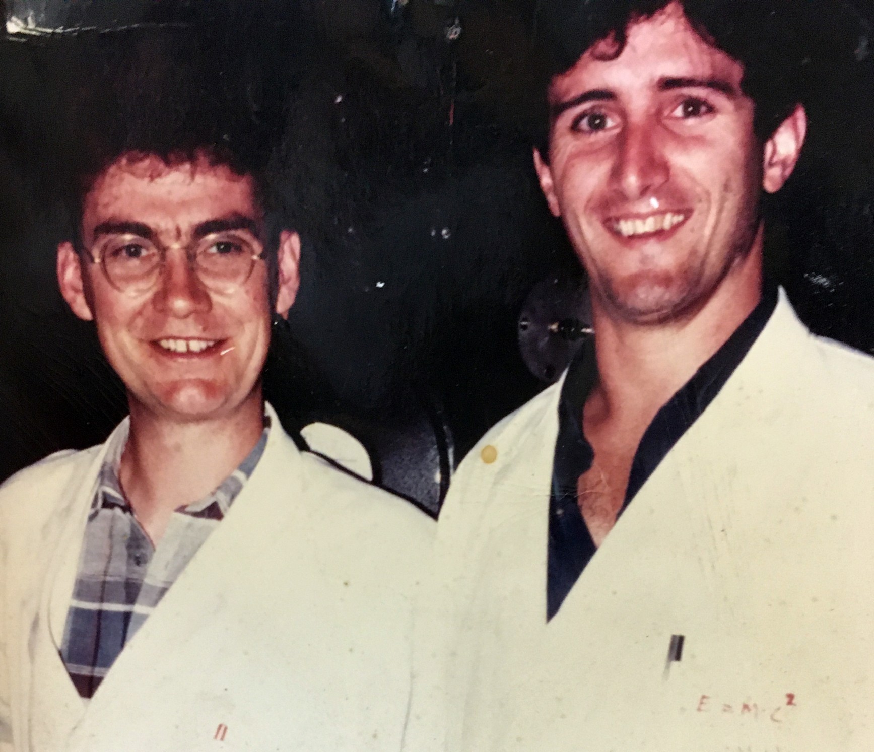 Terry Engelder and Chris Marone show off their science-y lab coats (1990).