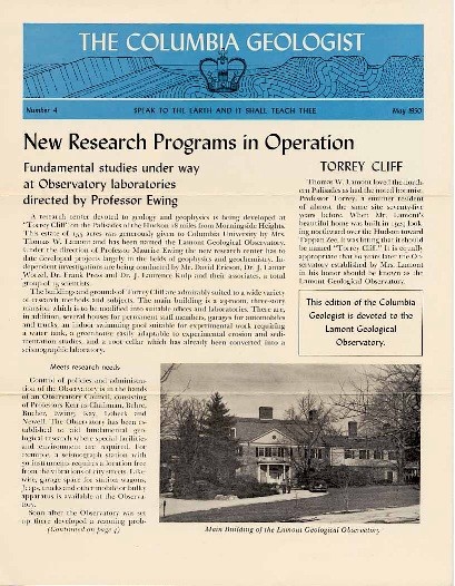 The Columbia Geologist, May 1950 issue, announcing the new research operations at Lamont Observatory.