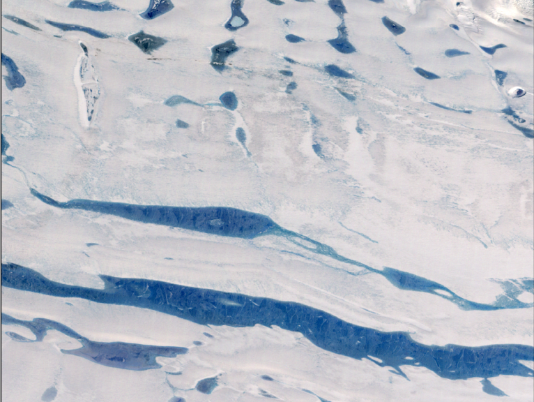 Melt water ponding on East Antarctica’s Amery ice shelf. (Landsat image courtesy of NASA)