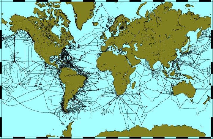 R/V Conrad science tracks from 1962 to 1989, totaling an estimated 1,100,000 nautical miles. Credit: John Diebold & GMT mapping software