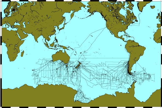 R/V Eltanin science tracks from 1962 to 1975, totaling an estimated 420,000 nautical miles. Credit: John Diebold & GMT mapping software