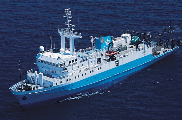 R/V Ewing from the air, during early shakedown legs,  May 1990. Credit: Michael Rawson