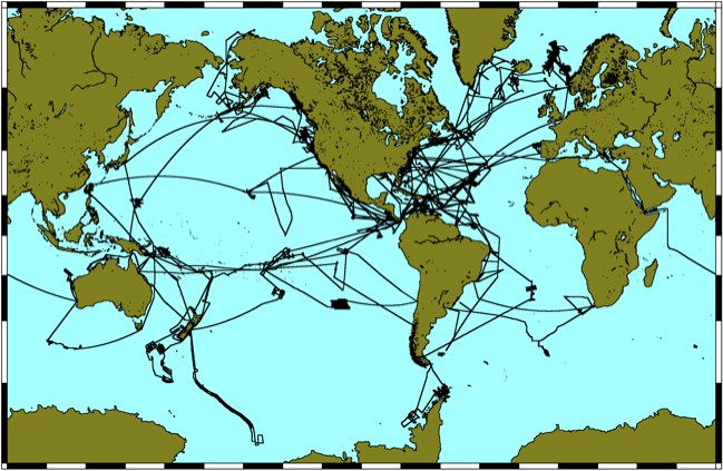 R/V Ewing science tracks from 1988 to 2005, totaling an estimated 600,000 nautical miles.  Credit: John Diebold & GMT mapping software