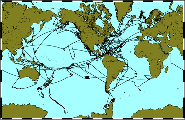 R/V Ewing science tracks from 1988 to 2005, totaling an estimated 600,000 nautical miles. Credit: John Diebold & GMT mapping software