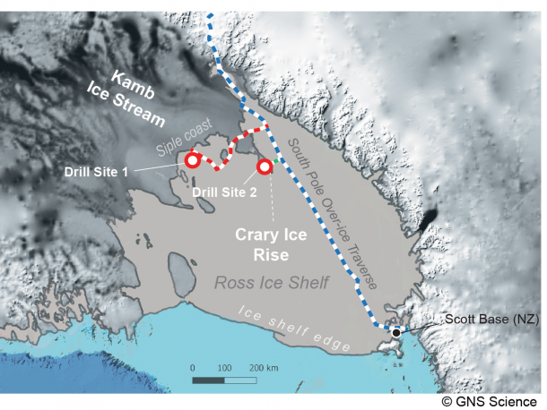 SWAIS 2C drill sites on Antarctica’s Ross Ice Shelf. Credit: GNS Science