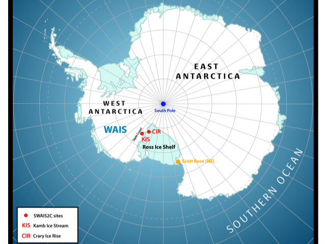An international project will drill into sediments at two sites (red dots) under the edge of the West Antarctic Ice Sheet. (Map: Marlo Garnsworthy)