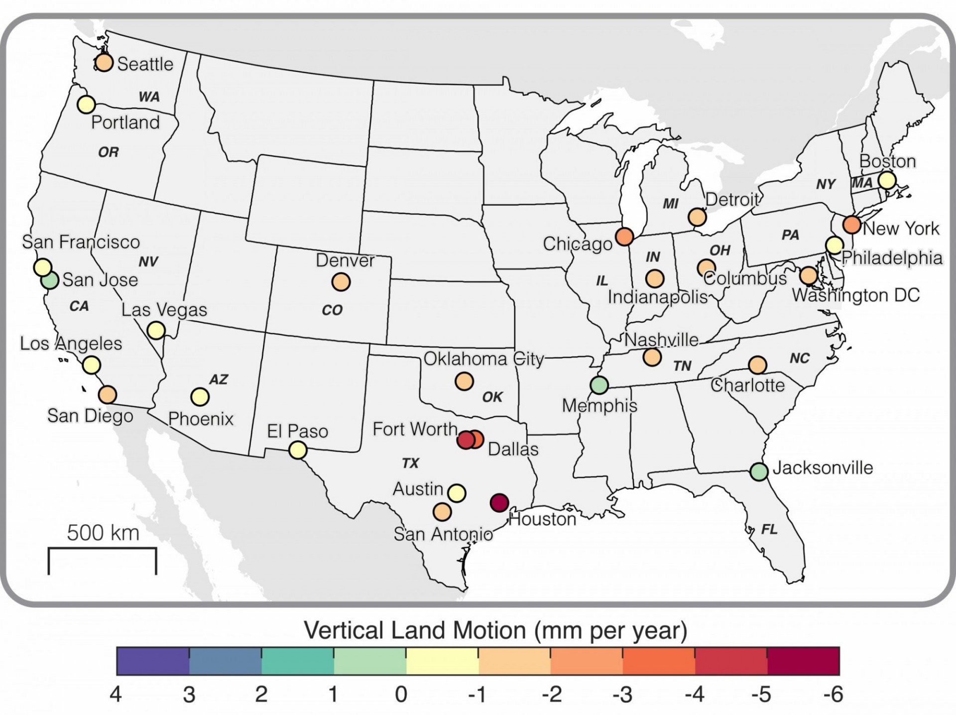 Urban Land Subsidence in US Cities. The average rate of VLM for 28 US cities as evaluated in this study. Each circle is color-coded to the respective average VLM for each city. Credit: Ohenhen et al., Nature Cities, 2025
