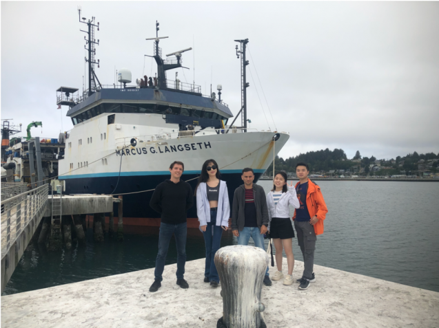 Some of researchers who took part in the expedition on the dock in front of the R/V Marcus G. Langesth. Credit: Theresa Sawi
