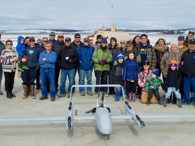 Team from Lamont-Doherty and Kotzebue community members with their unoccupied aerial vehicle.