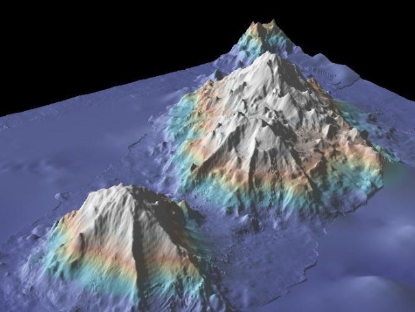 Undersea mountains near the Hawaiian Islands. Images of the mountains and nearby seafloor are derived from sonar readings taken along the paths sailed by research ships. Credit: MGDS