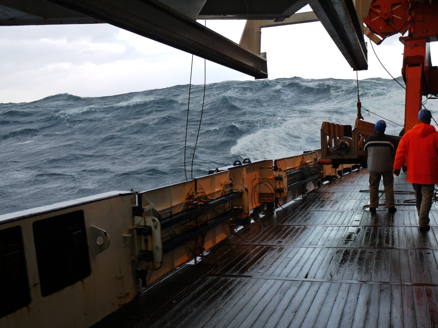 Working in rough seas onboard research vessel Polarstern in the Pacific Southern Ocean. Credit: Marcelo Arevalo