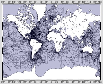 Science survey tracks of all research ships operated by Lamont: Vema, Eltanin, Conrad, and Ewing, totaling an estimated 3,345,000 nautical miles. Credit: John Diebold & GMT mapping software
