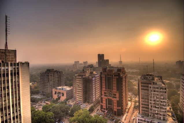 A smoggy sunset in Delhi, India.