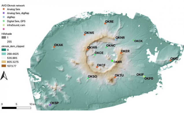 map of monitoring stations around the okmok volcano