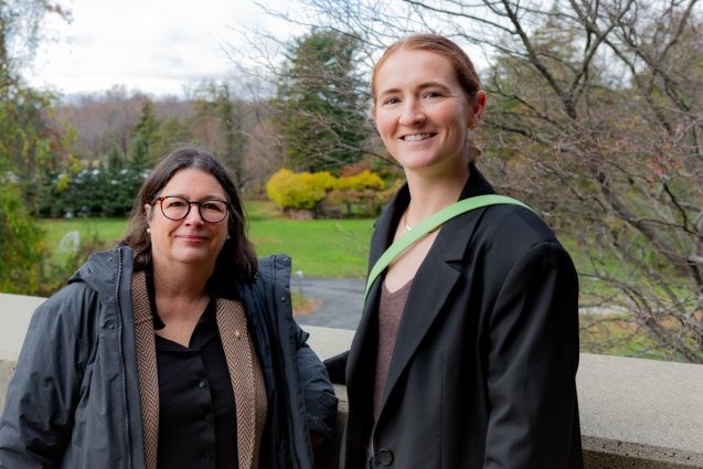 samantha mewis and maureen raymo outside on lamont campus